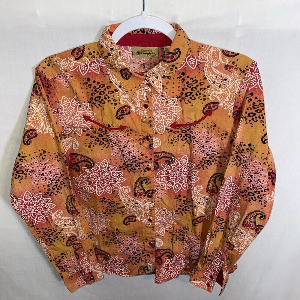 Wrangler Women’s Ruby Red Snap Shirt Size Medium Orange Floral Western Rodeo
